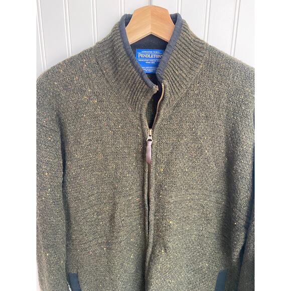 PENDLETON SWEATER JACKET MENS M FULL ZIP GREEN 100% SHETLAND WOOL OUTDOORS - Picture 2 of 5